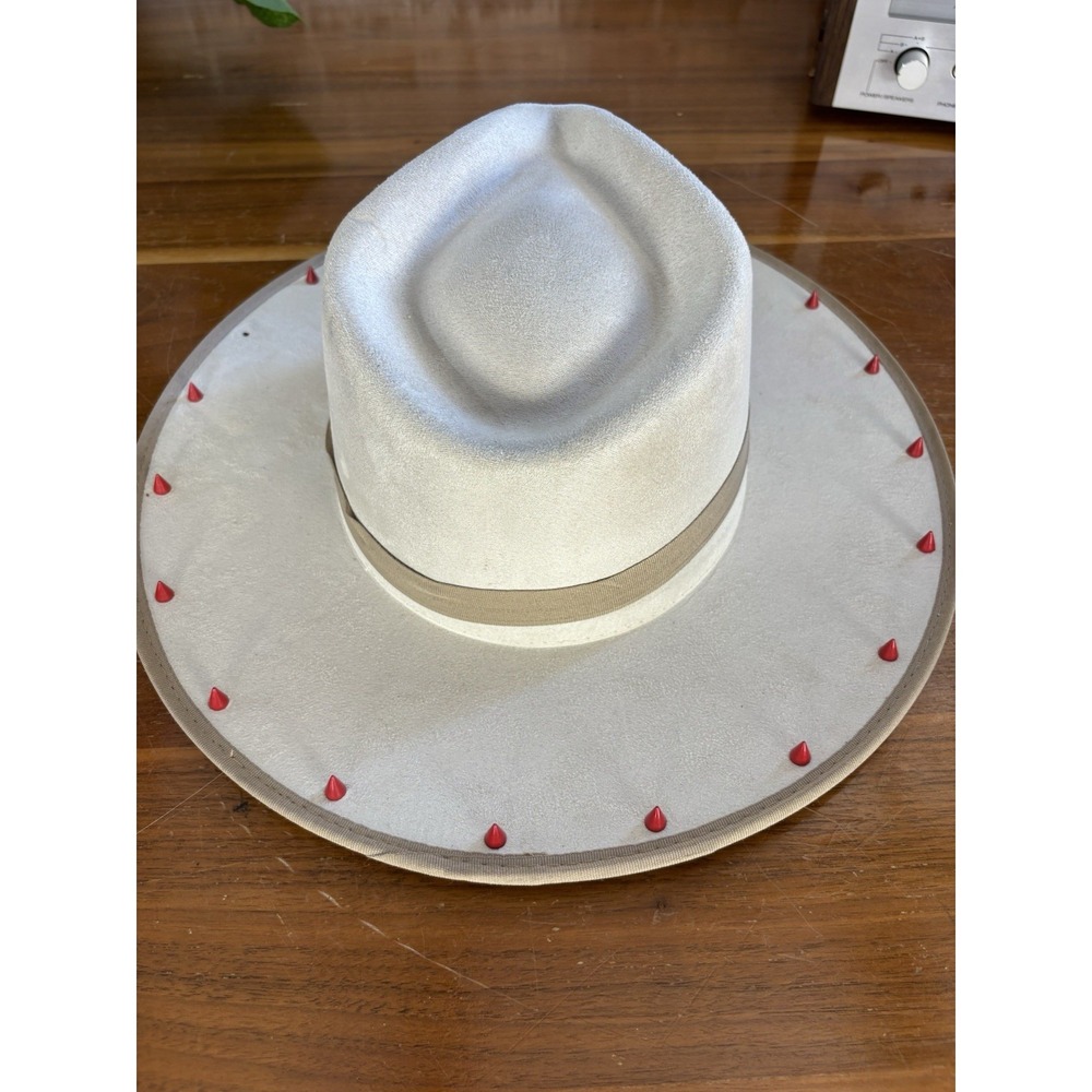 Summit Hats Cream Suede Fedora Wide Brim Spiked Cone Studs Feather Festival Sz L - Picture 4 of 11